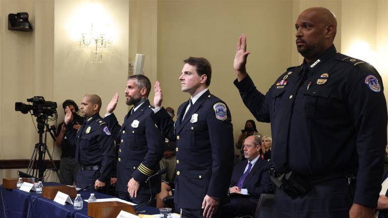 Sgt. Aquilino Gonell of the US Capitol Police, Officer Michael Fanone of the DC Metropolitan Police, Officer Daniel Hodges of the DC Metropolitan Police and Private First Class Harry Dunn of the US Capitol Police are sworn in to testify before the House Select Committee investigating the January 6 attack on US Capitol on July 27, 2021 at the U.S. Capitol in Washington, DC. (Jim Lo Scalzo / Getty Images)