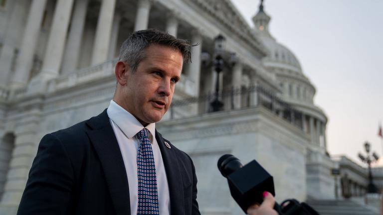 Rep. Adam Kinzinger, seen here in August 2021 in Washington, D.C., is actively weighing his political fortunes despite serious questions about whether there’s any future for a Donald Trump critic like him in today’s GOP. (Stefani Reynolds / Bloomberg via Getty Images)
