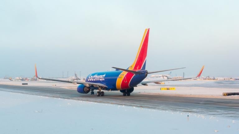 A Southwest Airlines plane is seen taxiing at O’Hare International Airport in Chicago on a snowy morning on Dec. 2, 2025. (Johnemac72 / iStock)