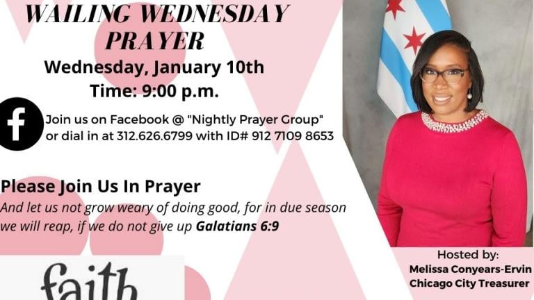 An online flyer that lists Melissa Conyears-Ervin as the host of a prayer group, identifies her as “Chicago City Treasurer” and uses her official city portrait. (Facebook)