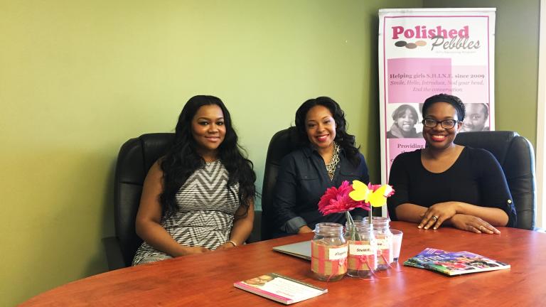Brittney Shepherd, left, Kelly Fair, center, and Tara Campbell, right, of mentoring program Polished Pebbles. (Maya Miller / Chicago Tonight)