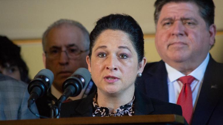 Illinois Comptroller Susana Mendoza is pictured at a news conference in Gov. JB Pritzker's office earlier this year at the Illinois State Capitol. (Jerry Nowicki / Capitol News Illinois)
