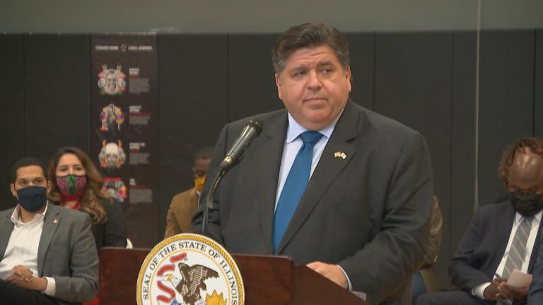 Gov. J.B. Pritzker speaks Monday, Nov. 1, 2021 at a press conference Breakthrough Urban Ministries in East Garfield Park. (WTTW News)