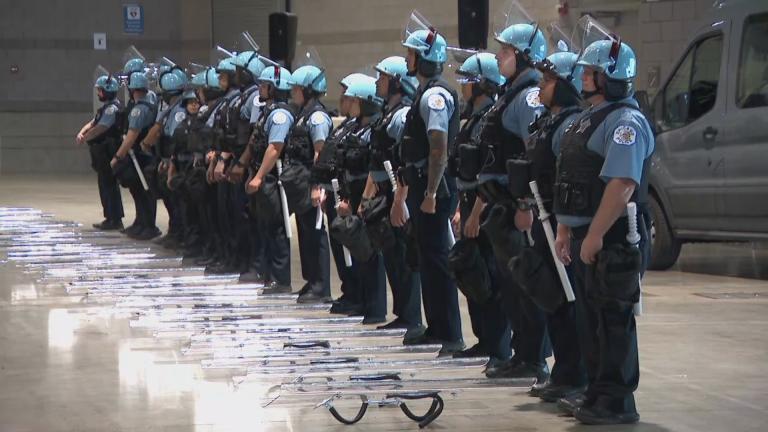 Chicago police officers training at McCormick Place on June 6, 2024, ahead of the upcoming Democratic National Convention. (WTTW News)