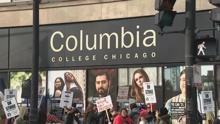 Part-time faculty members at Columbia College hold a rally on Oct. 30, 2023. (WTTW News)