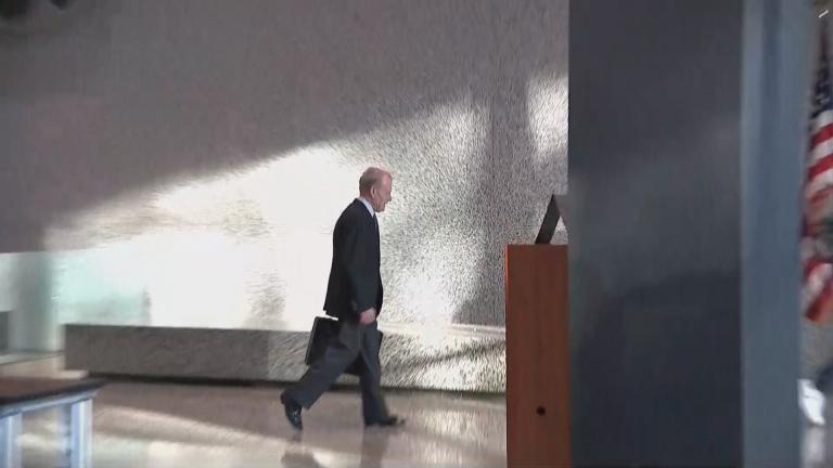 Michael Madigan walks into the Dirksen Federal Building as jury selection began in his racketeering trial on Oct. 9, 2024. (WTTW News)