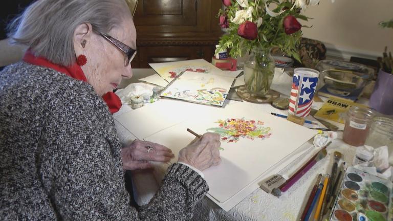 Illinois Artist Laureate Kay Smith paints in watercolor. (WTTW News)