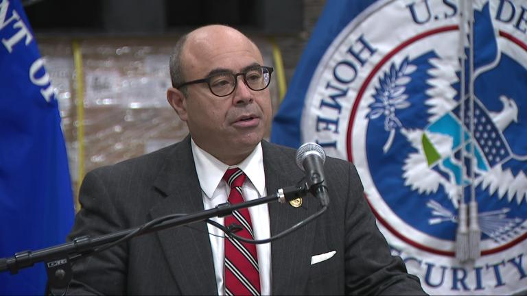 Chicago's U.S. Attorney Andrew Boutros speaks during a news conference in Bensenville, Ill., on July 14, 2026. (WTTW News)