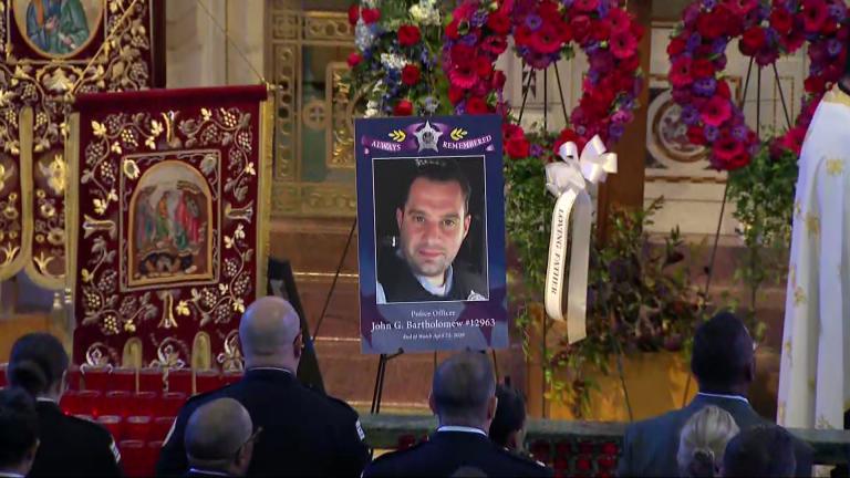 Mourners gathered inside St. Andrew’s Greek Orthodox Church in Chicago’s Edgewater neighborhood for the funeral of Chicago police Officer John Bartholomew on May 8, 2026. (WTTW News)