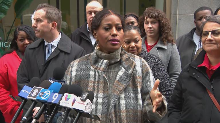 Chicago Teachers Union President Stacy Davis Gates speaks outside CPS headquarters on March 5, 2025. (WTTW News)
