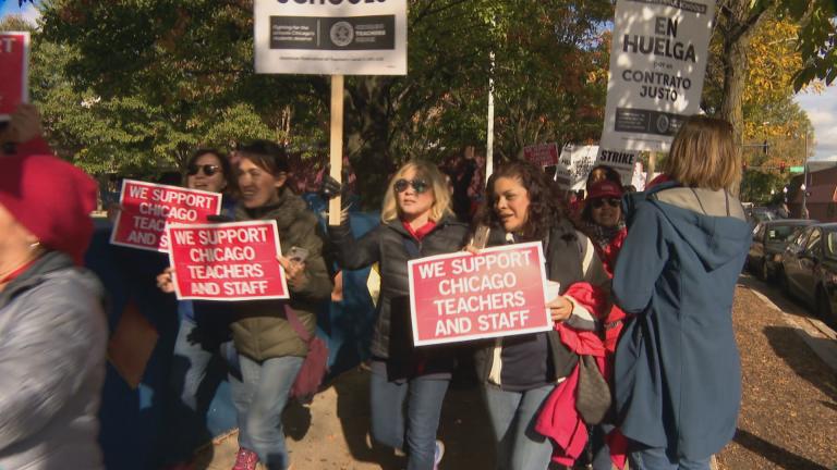 Teachers and support staff on the picket line Thursday, Oct. 17, 2019 in front of Little Village Academy. (WTTW News)