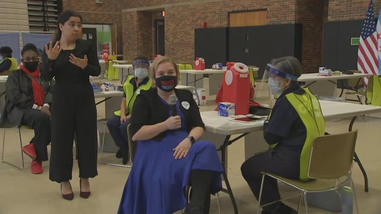Dr. Allison Arwady, the commissioner of the Chicago Department of Public Health, receives her second dose of the COVID-19 vaccine on Jan. 21, 2020. (WTTW News)