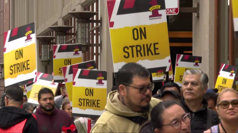 Chicago hotel workers picket as they go on strike on Oct. 9, 2026. (WTTW News)