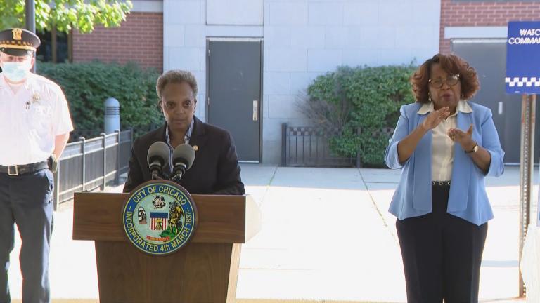 Mayor Lori Lightfoot speaks Thursday, Aug. 20, 2020 at a press conference about the Chicago Police Department expanding its community policing initiative. (WTTW News)