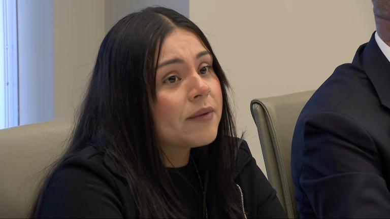 Marimar Martinez speaks during a news conference on Oct. 5, 2026. (WTTW News)