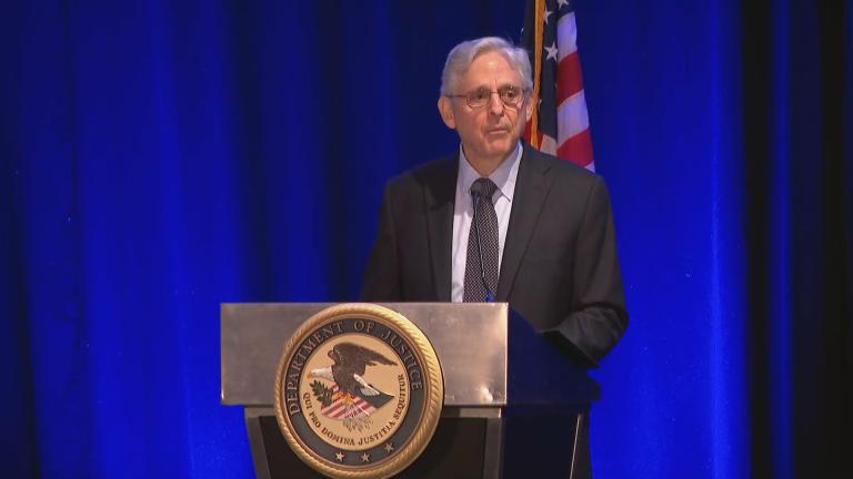 U.S. Attorney General Merrick Garland speaks at the Hyatt Regency Hotel in Chicago on April 3, 2024. (WTTWW News)