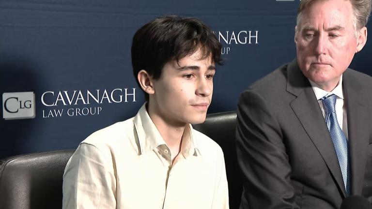 Rylan Wilder and his attorney Tim Cavanagh speak during a press conference on Oct. 19, 2023. (WTTW News)