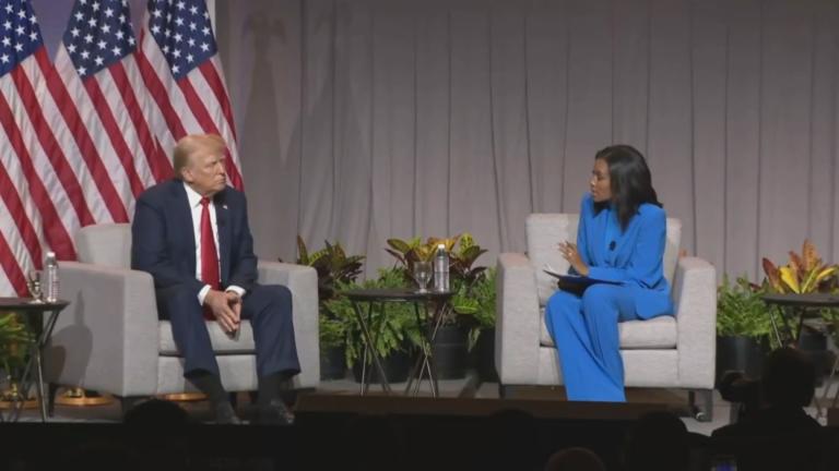Former President Donald Trump is interviewed by ABC News’ Rachel Scott on July 31, 2024, during the National Association of Black Journalists’ convention at the Hilton Chicago. (WTTW News)