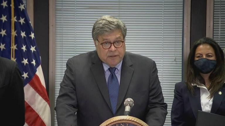 U.S. Attorney General William Barr speaks about Operation Legend in Chicago on Wednesday, Sept. 9, 2020. (Pool camera)