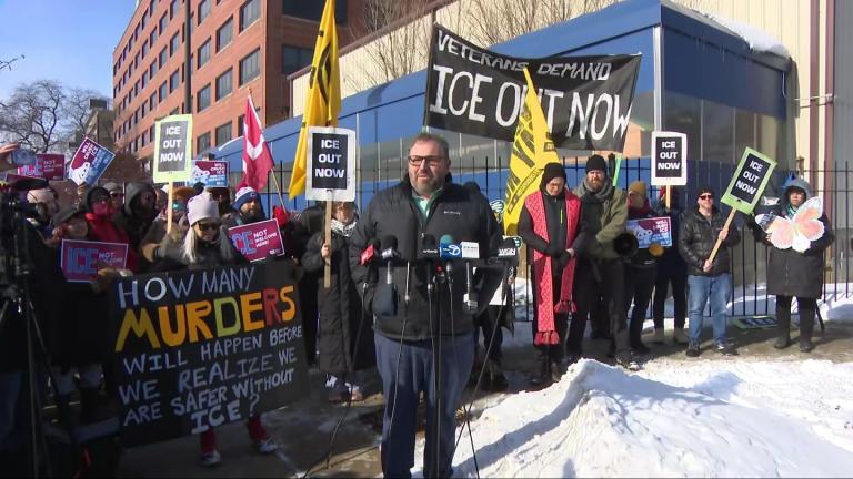 Veterans Affairs medical workers and veterans were among those gathered to honor Alex Pretti on Jan. 27, 2026. (WTTW News)