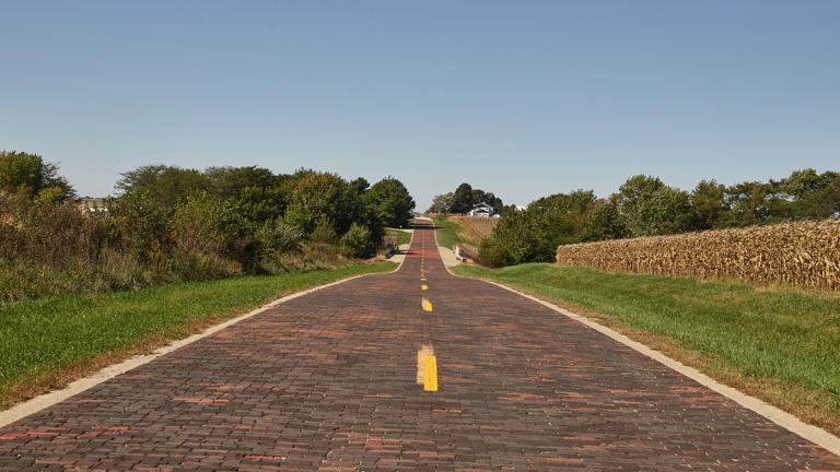 This stretch of hand-laid brick, completed as part of the once-grand U.S. Route 66 westward from Chicago to California, is preserved near the central Illinois town of Auburn. (Carol M. Highsmith)