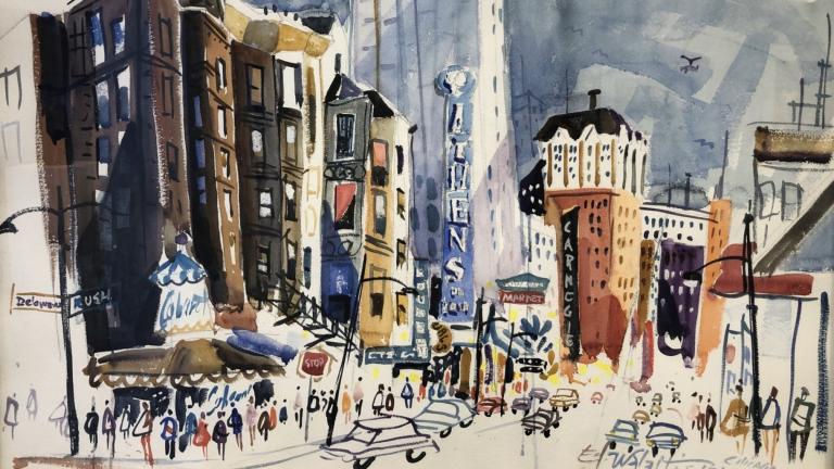 Artwork on display in “beLONGING: Lithuanian Artists in Chicago — 1900 to Now,” an exhibit at the Balzekas Museum of Lithuanian Culture. (Marc Vitali / WTTW News) 