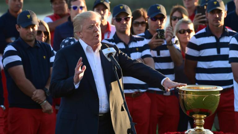 FILE-President Donald Trump speaks before presenting the winner’s trophy to the U.S. Team after the final round of the Presidents Cup at Liberty National Golf Club in Jersey City, N.J., Sunday, Oct. 1, 2017. (AP Photo / Susan Walsh, File) 