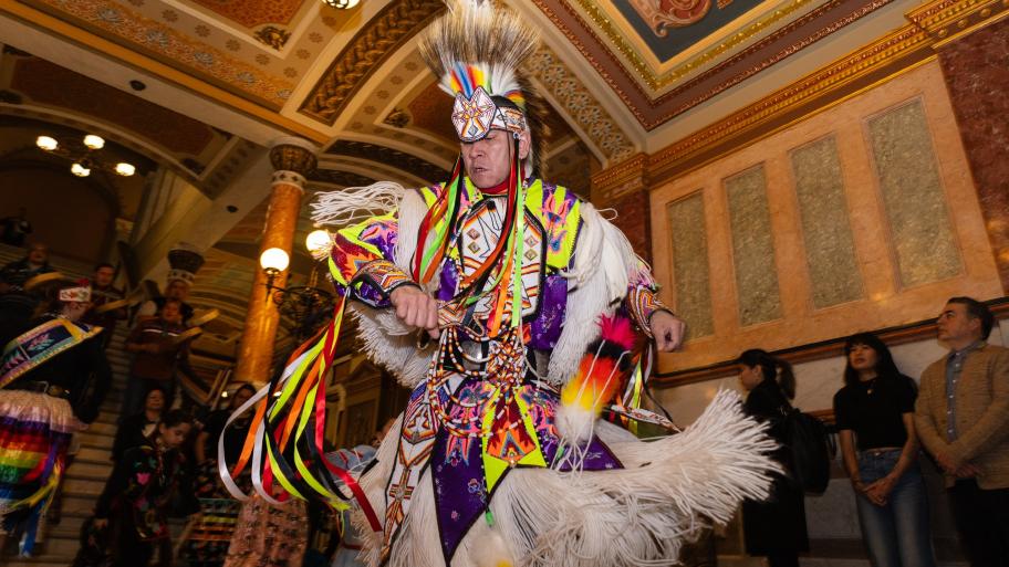 Ronnie Preston dances in the Illinois Capitol in February 2024 as part of the Native American Summit organized by the Chicago American Indian Community Collaborative. (Andrew Adams / Capitol News Illinois) 