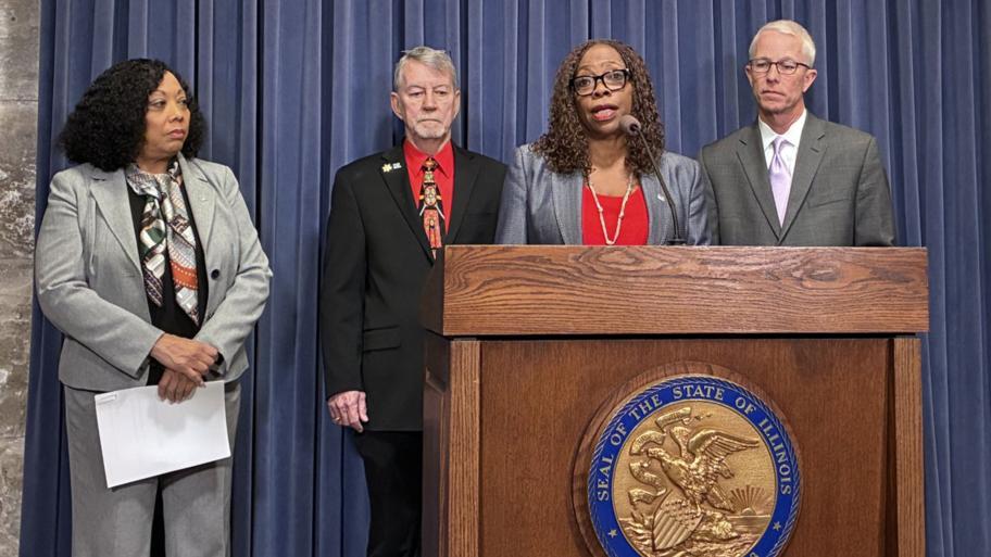 Matteson Village President Sheila Chalmers-Currin speaks alongside leaders of the Illinois Municipal League at a news conference in Springfield on March 4, 2026. (Ben Szalinski / Capitol News Illinois)