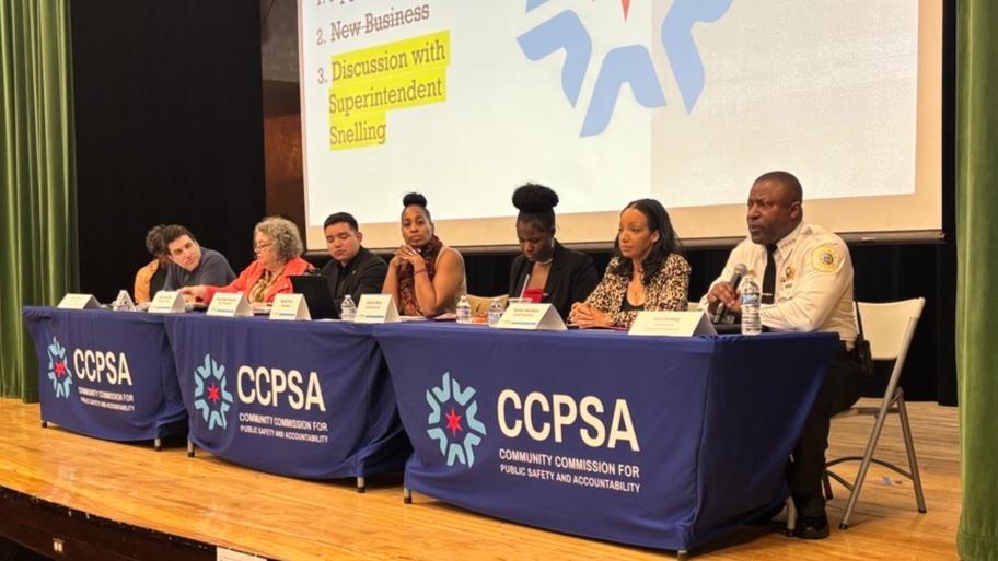 Chicago Police Supt. Larry Snelling, far right, answers questions from the Community Commission for Public Safety and Accountability on Thursday, April 2, 2026. (Heather Cherone / WTTW News)