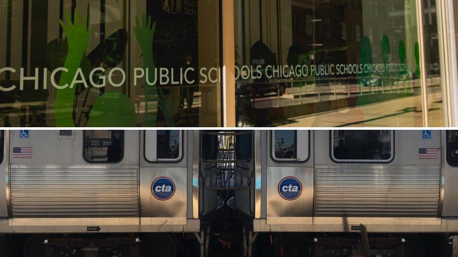 Chicago Public Schools logo and a CTA train are pictured in a photo illustration. (WTTW News)