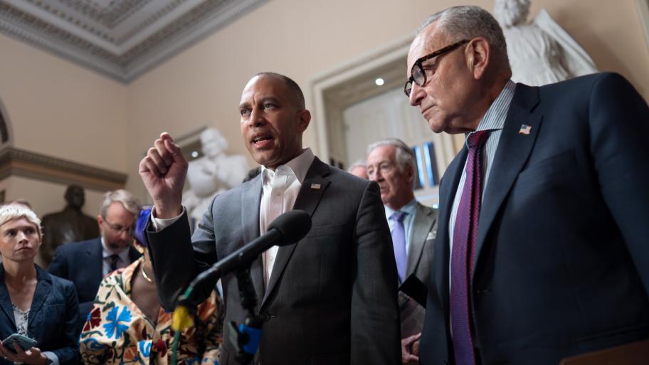 House Minority Leader Hakeem Jeffries, D-N.Y., left, and Senate Minority Leader Chuck Schumer, D-N.Y., speak to reporters to criticize Republican efforts to cut health care spending, at the Capitol in Washington, Thursday, Sept. 11, 2025. (AP Photo / J. Scott Applewhite)