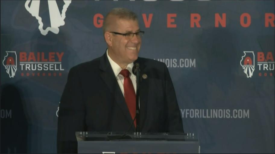 Darren Bailey speaks after his primary election victory in the Republican race for governor on June 28, 2022. 