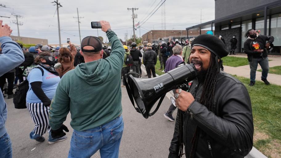 Protesters gather outside an ICE processing facility in the Chicago suburb of Broadview, Ill., Saturday, Nov. 1, 2025. (AP Photo/Alex Brandon)