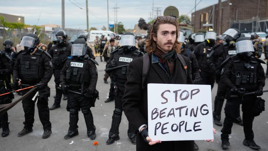 Law enforcement standoff with protesters outside an ICE processing facility in the Chicago suburb of Broadview, Ill., Saturday, Nov. 1, 2025. (AP Photo / Alex Brandon)