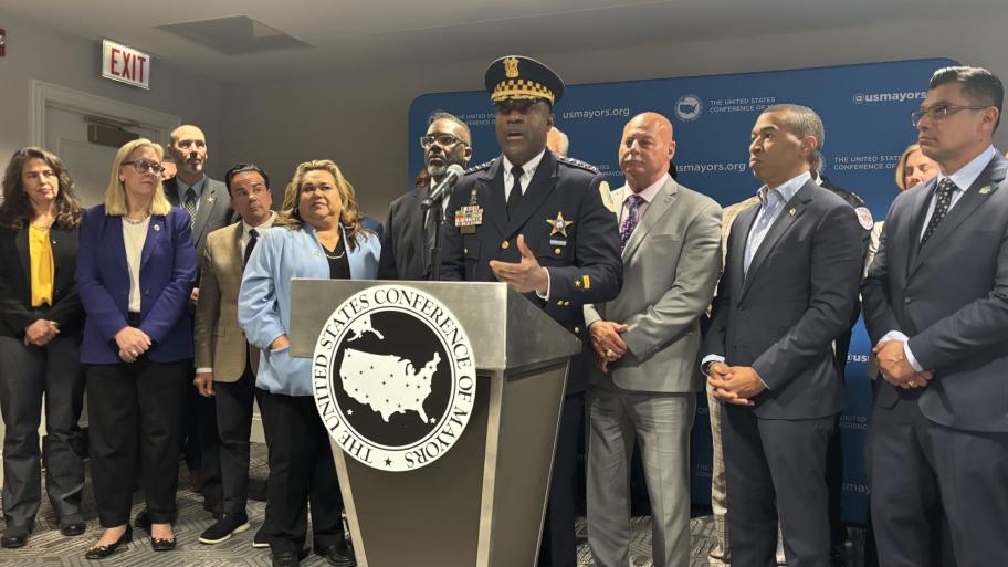 Chicago Police Supt. Larry Snelling addresses the news media on Monday, April 28, 2025, at a meeting of the U.S. Conference of Mayors. (Heather Cherone / WTTW News)