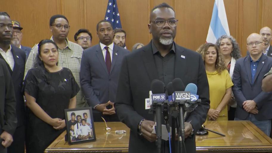 Mayor Brandon Johnson speaks during a news conference on Aug. 30, 2025. 