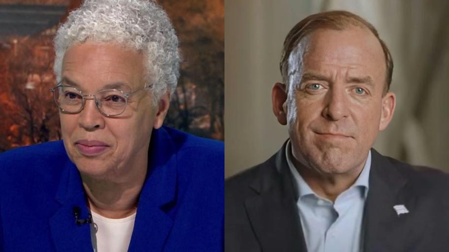 Left: Cook County Board President Toni Preckwinkle appears on the Oct. 16, 2025, episode of "Chicago Tonight." (WTTW News) Right: Ald. Brendan Reilly (42nd Ward) announces a run for president of the Cook County Board of the Commissioners in a video posted to social media.