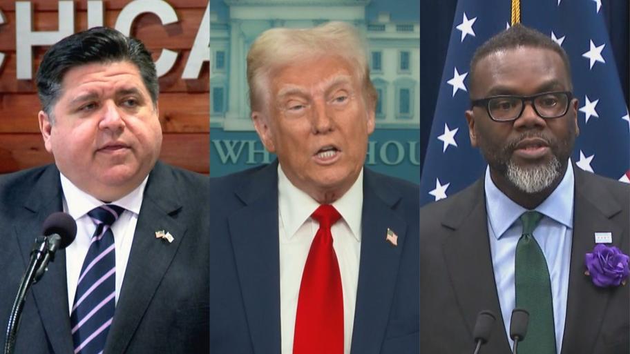 Left to right: Illinois Gov. JB Pritzker, President Donald Trump and Chicago Mayor Brandon Johnson are pictured in file photos. (WTTW News)