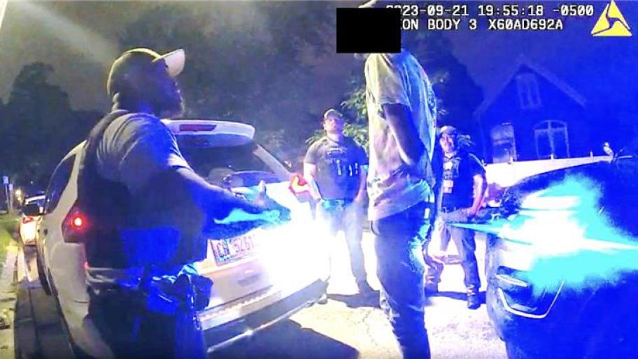 An image captured by a Chicago Police Department officer’s body-worn camera shows Officer Aubrey Webb engaged in a verbal altercation with a man he and four other officers searched on Sept. 21, 2023, (Civilian Office of Police Accountability)