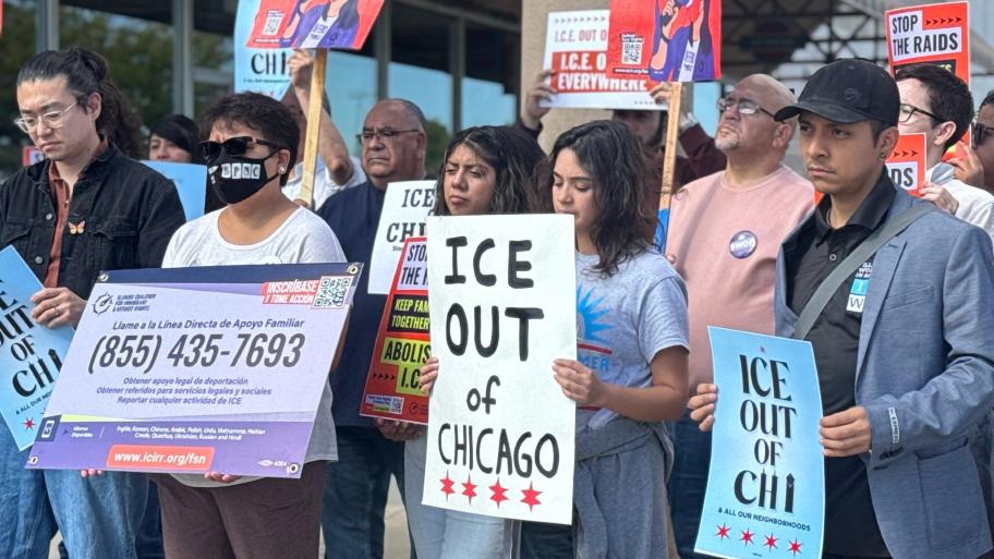 The Illinois Coalition for Immigrant and Refugee Rights holds a news conference on Sept. 25, 2025, in response to ICE’s activity on the Southwest Side. (Courtesy of the Illinois Coalition for Immigrant and Refugee Rights)