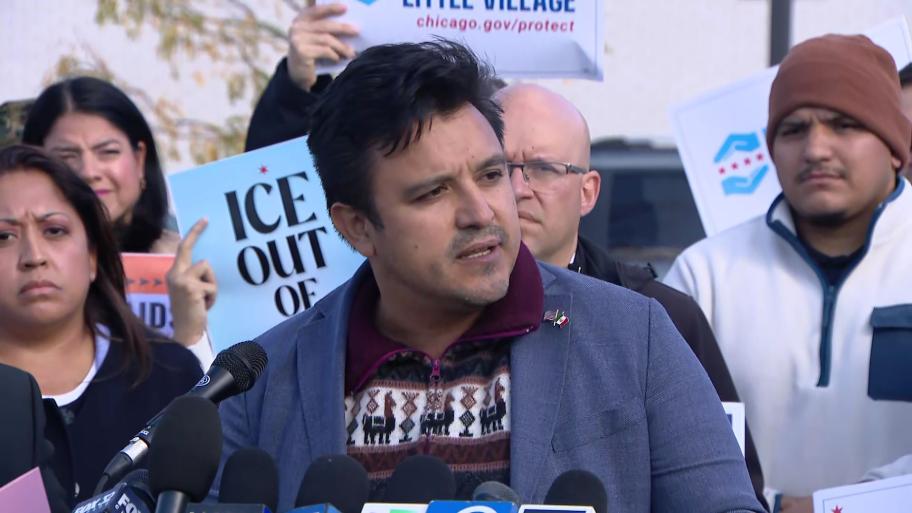 Ald. Byron Sigcho-Lopez (25th Ward) speaks during a news conference in Little Village on Oct. 23, 2025. (WTTW News)