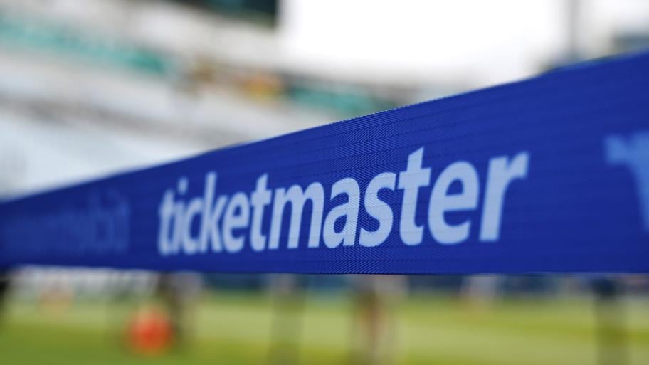 FILE - An advertisement for Ticketmaster is viewed along an area reserved for special guests on the sideline of the field before an NFL football game, Sunday, Sept. 15, 2024, in Jacksonville, Fla. (AP Photo/Phelan M. Ebenhack, file)