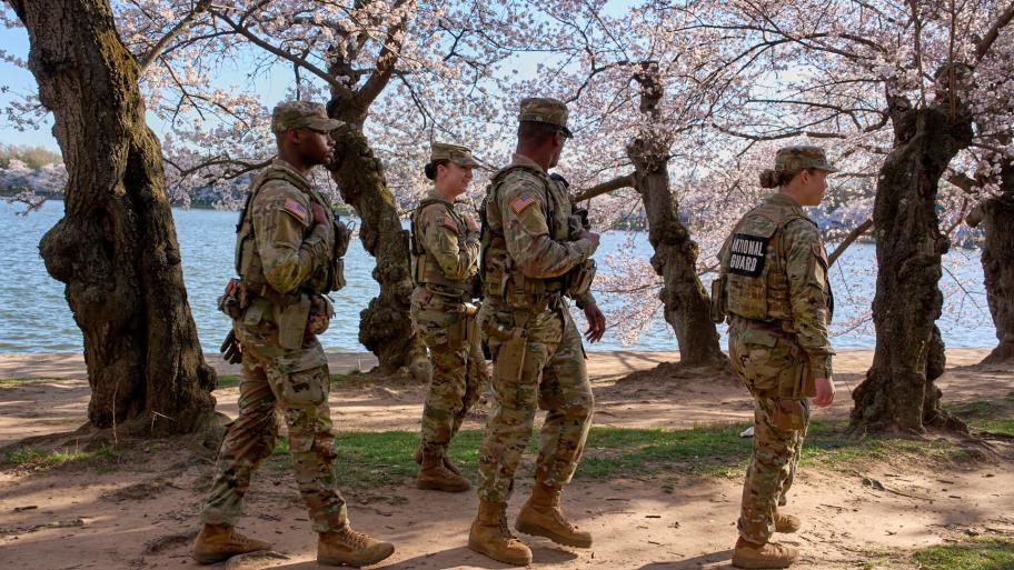 Members of the Mississippi National Guard patrol among the cherry blossom trees along the tidal basin, March 24, 2026, in Washington. (AP Photo / Jacquelyn Martin, File)