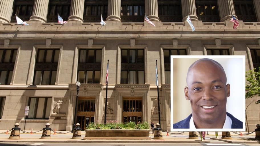 Background: Chicago City Hall is pictured in a file photo. (Michael Izquierdo / WTTW News) Inset: CHA Board Chairman Matthew Brewer (Courtesy of the Chicago Housing Authority)