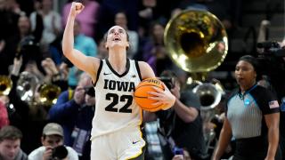 Iowa guard Caitlin Clark (22) celebrates after defeating LSU in an Elite Eight round college basketball game during the NCAA Tournament, Monday, April 1, 2024, in Albany, N.Y. (Mary Altaffer / AP Photo)