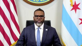 Mayor Brandon Johnson holds a joint online news conference on Dec. 27, 2023, with the mayors of New York City and Denver on the migrant crisis. (Credit: Chicago Mayor’s Office)