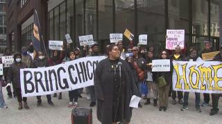 People speak out in support of Bring Chicago Home at a rally on March 15, 2024. (WTTW News)
