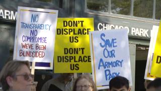 Edgewater residents protest outside Broadway Armory on July 27, 2023. (WTTW News)
