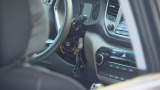 A car with a destroyed key start is pictured in August 2023. (WTTW News)